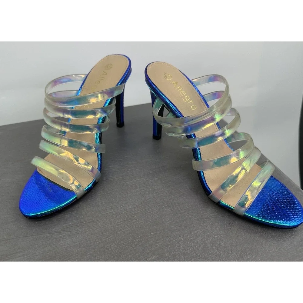 Allegra k Strappy Slide Sandals Holographic Metallic Blue Heels 6.5 Women's